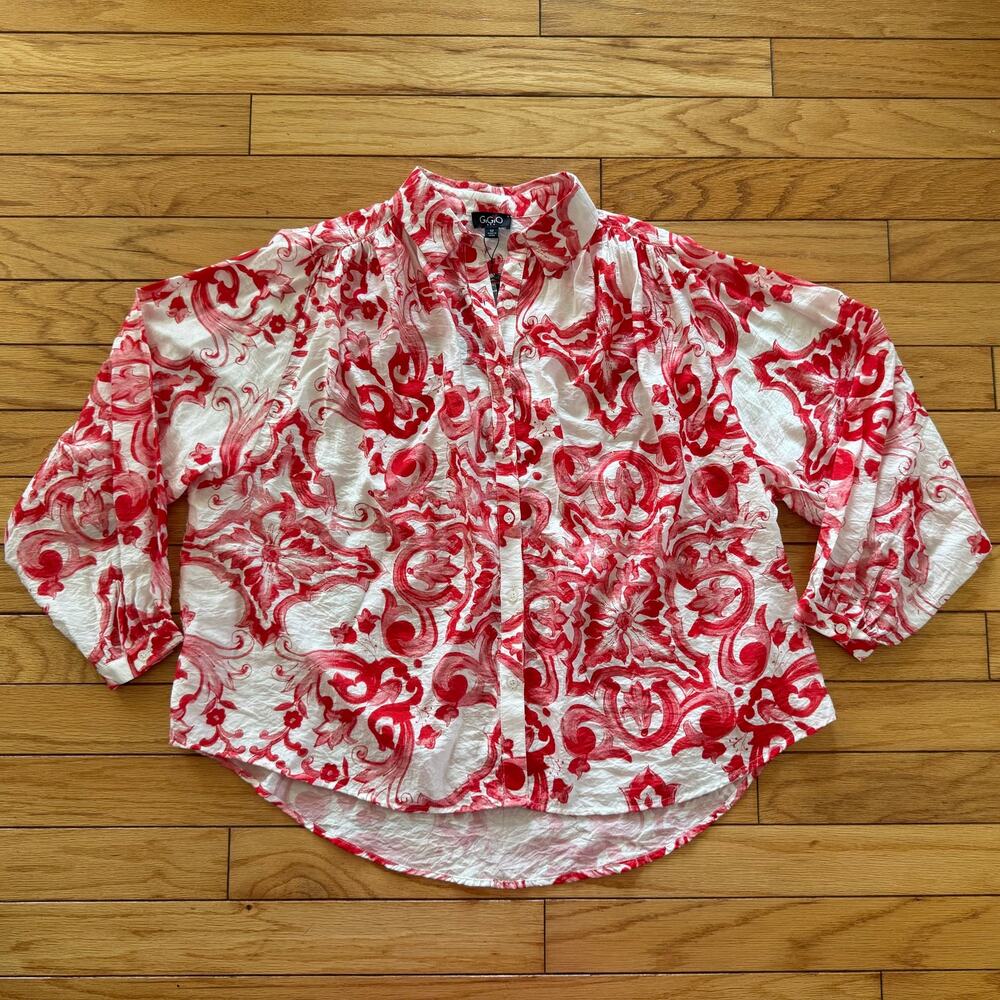 NWT GiGio USA Women's Red Paisley Damask Print Oversized Button-Front Blouse
